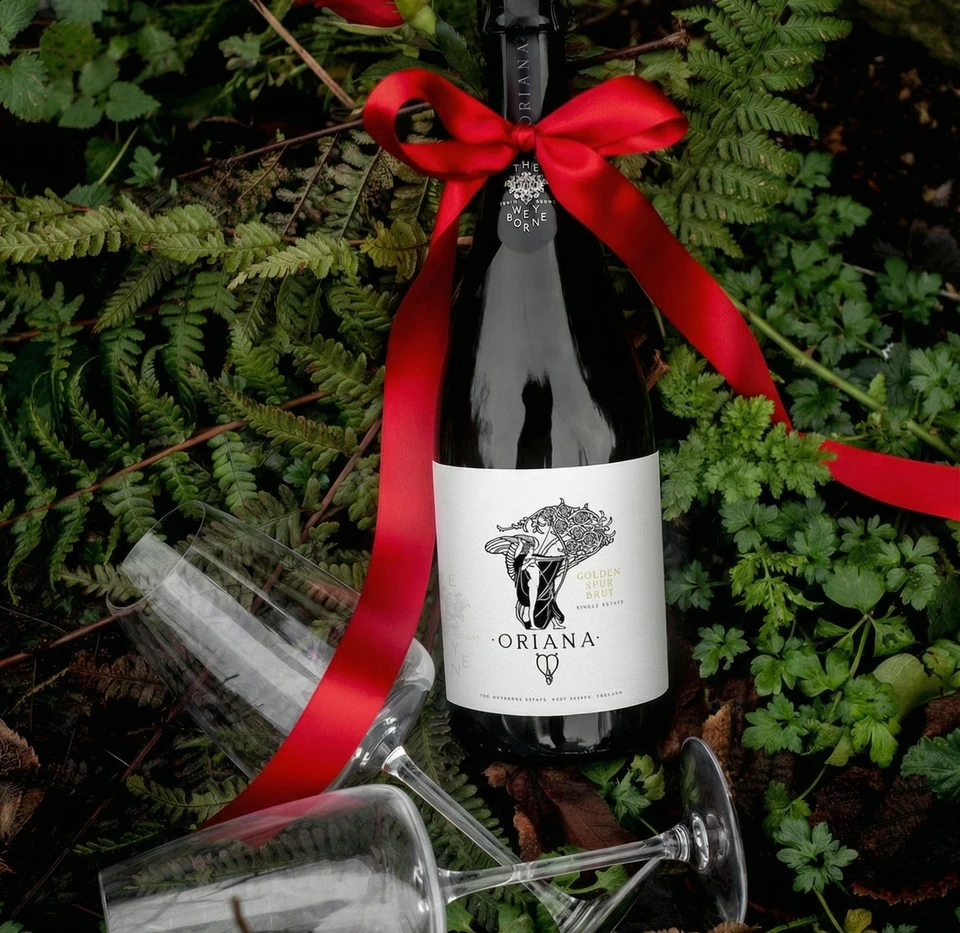 Bottle of Oriana Golden Spur Brut with a red ribbon, rose and two glasses among woodland foliage