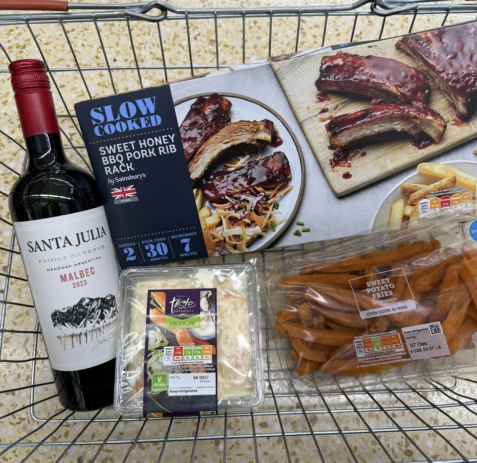 Santa Julia Malbec with barbecue ribs, coleslaw and sweet potato fries in a shopping trolley