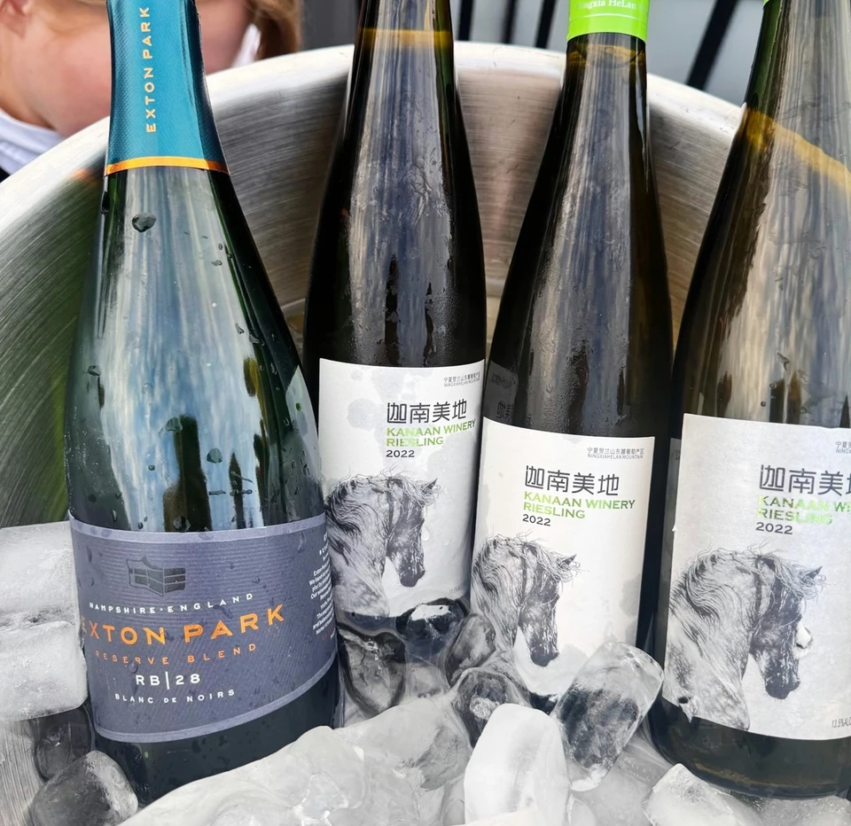 Four Riesling bottles, including Exton Park and Kanaan Winery, displayed in an ice bucket