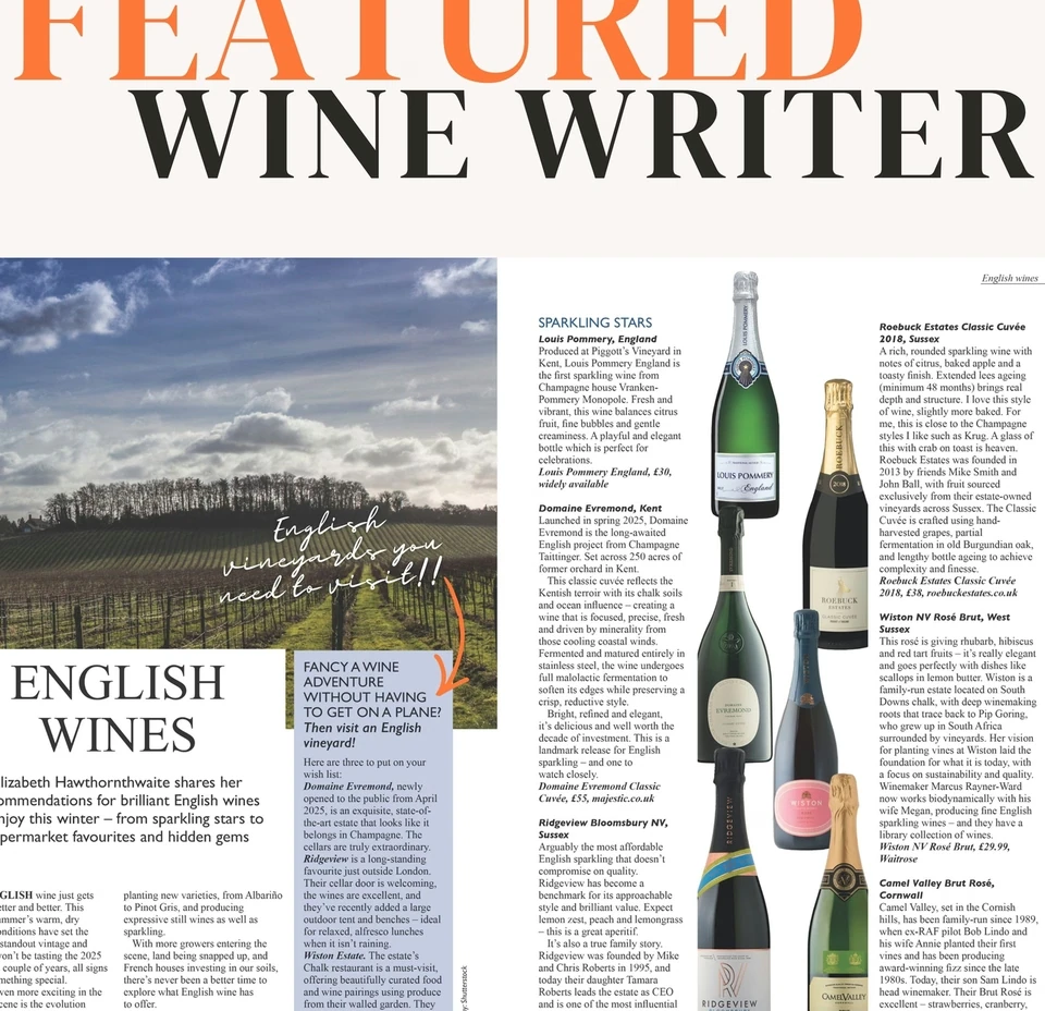 English wine magazine feature by Elizabeth Hawthornthwaite showing Ridgeview bottles