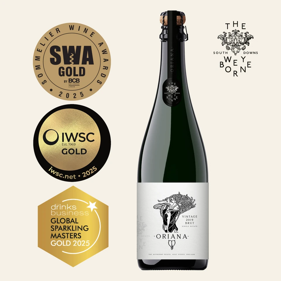 The Weyborne Oriana vintage 2019 brut bottle with gold award badges