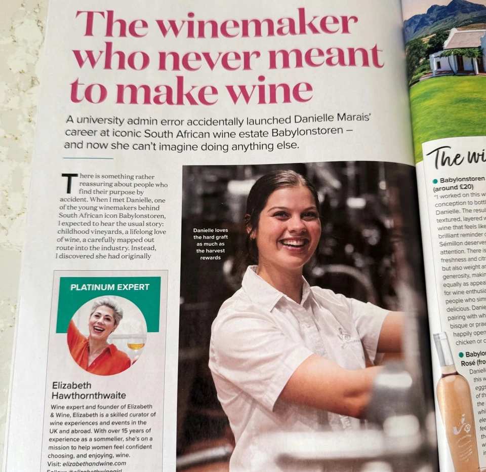 Platinum magazine article about South African winemaker Danielle Marais, featuring Elizabeth Hawthornthwaite as a wine expert